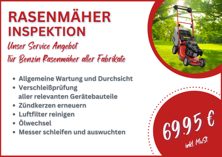 Angebotsschild Rasenmäherinspektion für Benzin Rasenmäher